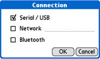 Connection dialog box for Pebbles Program on Palm